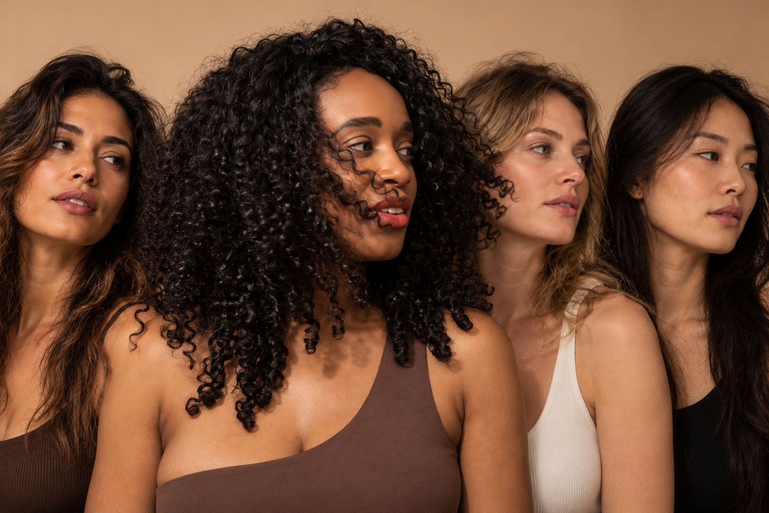 Quatre femmes de différentes carnations, réunies dans un portrait éditorial